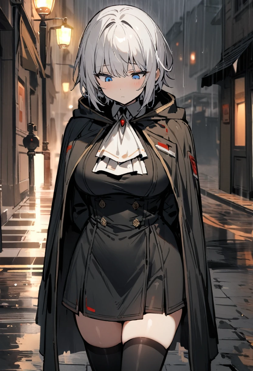 masterpiece, 1girl, solo, faust_(limbus_company), white hair, short hair, blue eyes, light blush, dull expression, expressionless, alternative costume ascot, cloak, hooded cloak, closed cloak, big breasts, thighhighs boots, standing, waiting, looking down, on the streets, raining, cowboy shot