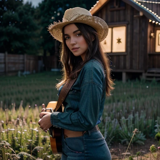 Kale, beautiful girl, cowboy hat, funny fingers, Make-up natural, in a body-hugging outfit, colors, plays guitar, field with lights, hyper detail, mystical light full body light, wooden house in the background.