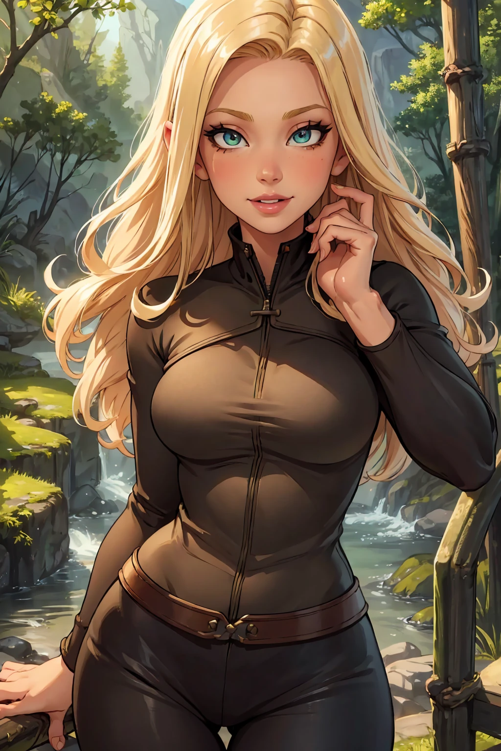 best quality, masterpiece, nsfw, (evangelyneyoung:1.2), beautiful detailed eyes, beautiful detailed lips, extremely detailed eyes and face, long eyelashes, beautiful smile, looking at viewer,  forest background, blonde hair, photorealistic, 8k, ultra-detailed, hyper-realistic, digital painting, cinematic lighting, vibrant colors