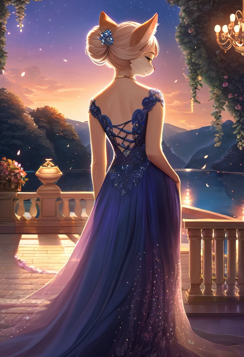 ((Masterpiece)), ((Best Quality)), (Very Detailed), ((Very Detailed)), 4K, (8K), very aesthetic, absurdres highres, 1 female, anthropomorphic cat, furry, kemono, solo, A woman in a deep navy blue silk evening dress stands gracefully and smiles at an outdoor party at sunset. Soft moonlight and sparkling chandelier light illuminated the dress's delicate lace trim and Swarovski crystal embellishments. The woman's hair is tied up in an updo, and diamond earrings sparkle in her ears.