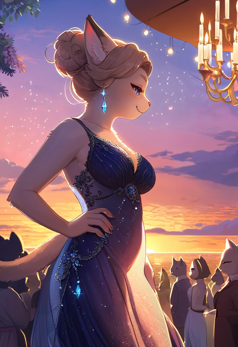((Masterpiece)), ((Best Quality)), (Very Detailed), ((Very Detailed)), 4K, (8K), very aesthetic, absurdres highres, 1 female, anthropomorphic cat, furry, kemono, solo, A woman in a deep navy blue silk evening dress stands gracefully and smiles at an outdoor party at sunset. Soft moonlight and sparkling chandelier light illuminated the dress's delicate lace trim and Swarovski crystal embellishments. The woman's hair is tied up in an updo, and diamond earrings sparkle in her ears.