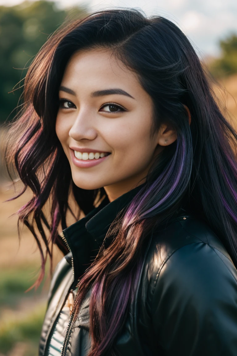 arafed woman with long black hair with purple highlights, flowing long black hair with, with black hair, photo of a beautiful woman, long flowing black hair, black golden hour, curly black hair, beautiful young asian woman, beautiful asian woman, wild ginger hair, pink wispy hair, light black hair, a young asian woman, an asian woman, infp young woman, full body photo of a 24-year-old french girl in RAW UHD format (Brown-eyed woman) , surfing), Details (textures! , Hair! , glistering, Color!! , imperfections: 1.1), highly detailed glossy eyes (looking at the camera), DSLR Lighting, SLR camera, Ultra-Quality, sharpness, Depth of field, Film grain , Fujifilm XT3, Crystal clear, Frame Center, beautiful face, sharp-focus, bokeh (sunlight), (open sky), detailed skin pores, oilly skin, suntan, Complex eye details, (((smiling))), ((grass)), green grass background, (((full body))), Jacket, tight blue pants, warm jacket, cloudy