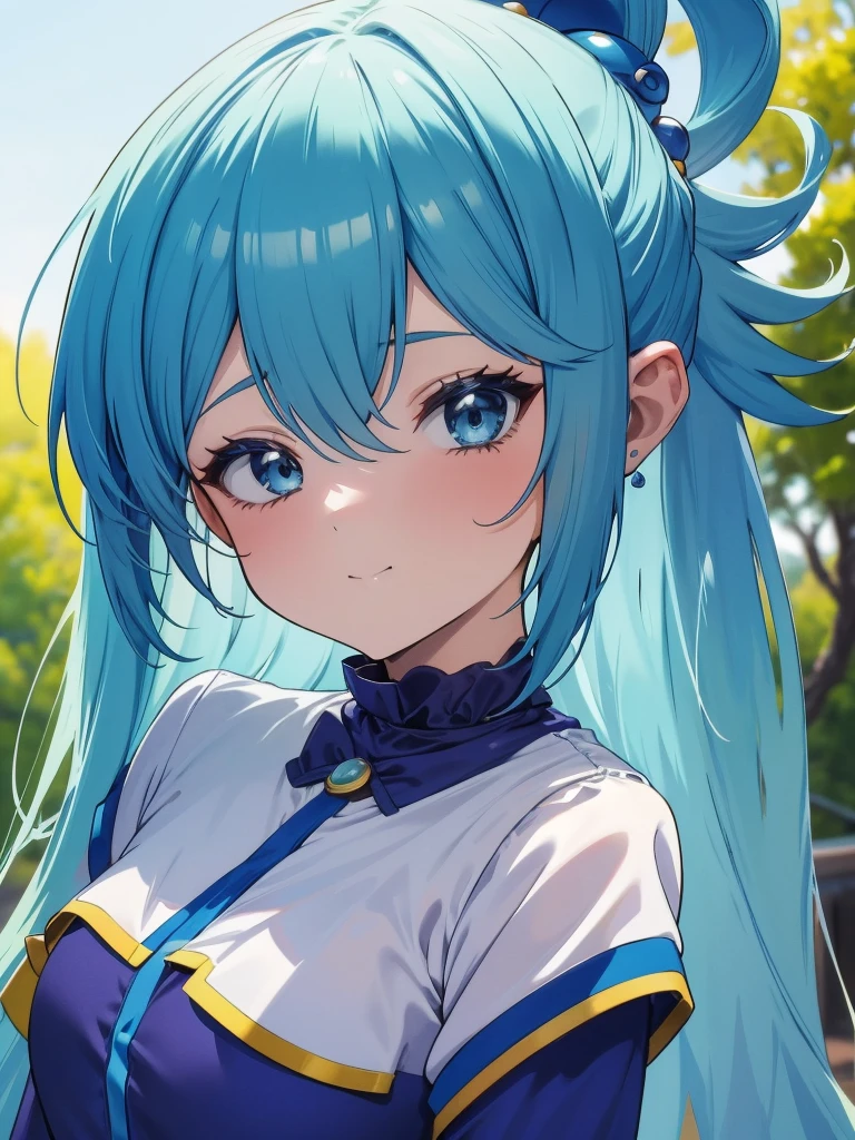 Best Image Quality, 8 k, high quality, masterpiece:1.2), ((masterpiece)), (high detail, high quality, Best Image Quality), solo, 1 girl, Konosuba ,aqua, detailed face, A smirk on his face,, looks at the viewer, detailed clothing, detailed fabric, Hair rings, topic, leggings, sneakers, park