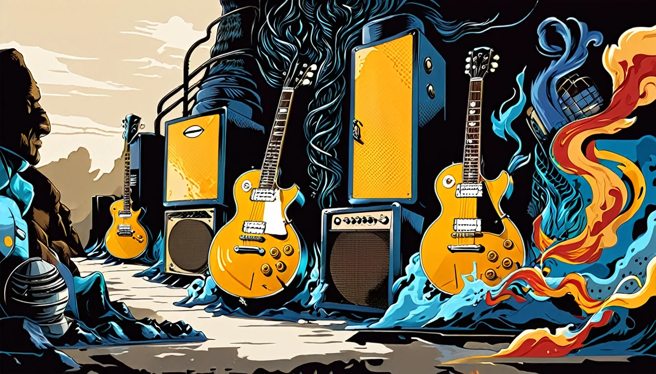 Masterpiece; Guitars (golden Les Paul) and drums in a small science lab, complete with speakers and glass flasks of chemistry, embody the resilience and tenacity of the scientific community, infused with a bold graphic allure that enlivens the spirit of science. The design penetrates layers of depth, integrating the raw essence and vibrant cores of Rio de Janeiro culture. Brushstrokes that incorporate the fluid energy of graffiti on guitars and acoustic guitars weave around dynamic geometric shapes, adorning the laboratories with an evocative masterpiece that speaks to the heart of the intersection between two diverse worlds. Majestically rendered in high definition and vibrant color, every detail bursts with life, inviting viewers to marvel at the beauty that; by Monet