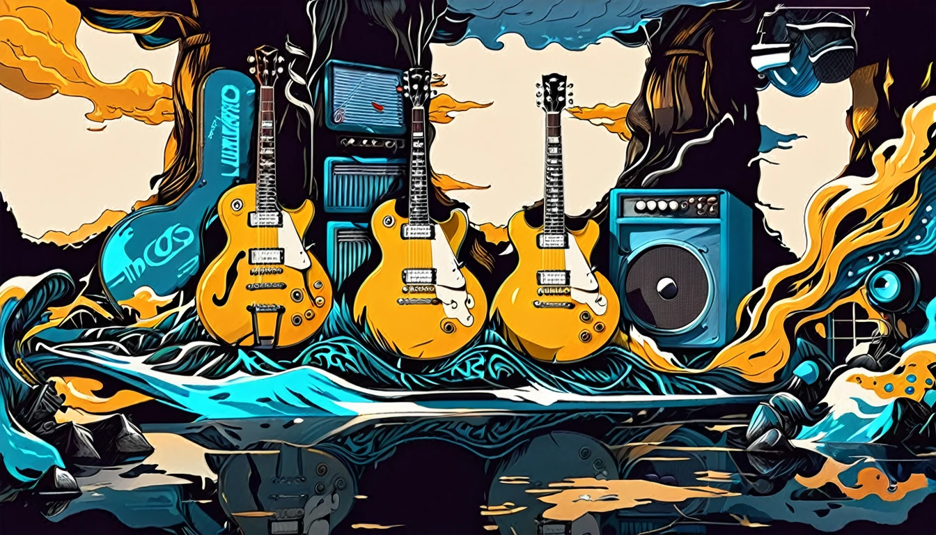 Masterpiece; Guitars (golden Les Paul) and drums in a small science lab, complete with speakers and glass flasks of chemistry, embody the resilience and tenacity of the scientific community, infused with a bold graphic allure that enlivens the spirit of science. The design penetrates layers of depth, integrating the raw essence and vibrant cores of Rio de Janeiro culture. Brushstrokes that incorporate the fluid energy of graffiti on guitars and acoustic guitars weave around dynamic geometric shapes, adorning the laboratories with an evocative masterpiece that speaks to the heart of the intersection between two diverse worlds. Majestically rendered in high definition and vibrant color, every detail bursts with life, inviting viewers to marvel at the beauty that; by Monet