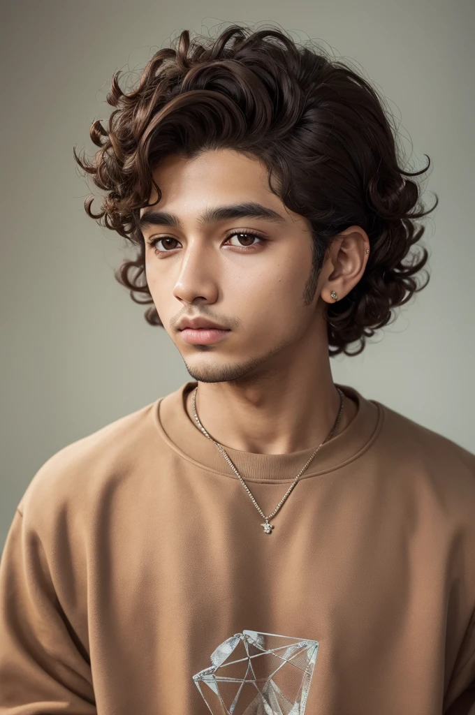 ((best qualityer)), ((work of art)), (detailded), 1 brown boy, shoulder to shoulder sweatshirt, rapper , diamond face , curly hair