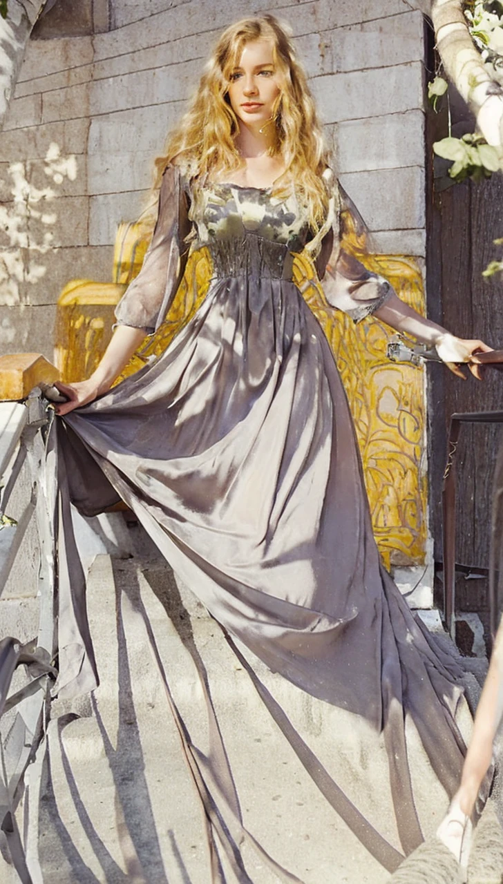 A stunningly lifelike 32-year-old woman with blonde hair, red eyes and beautifull face. Detailed face  eyes are open and red color, walking down in the stairs and touch the stairs arm, blue victorian perfect dress