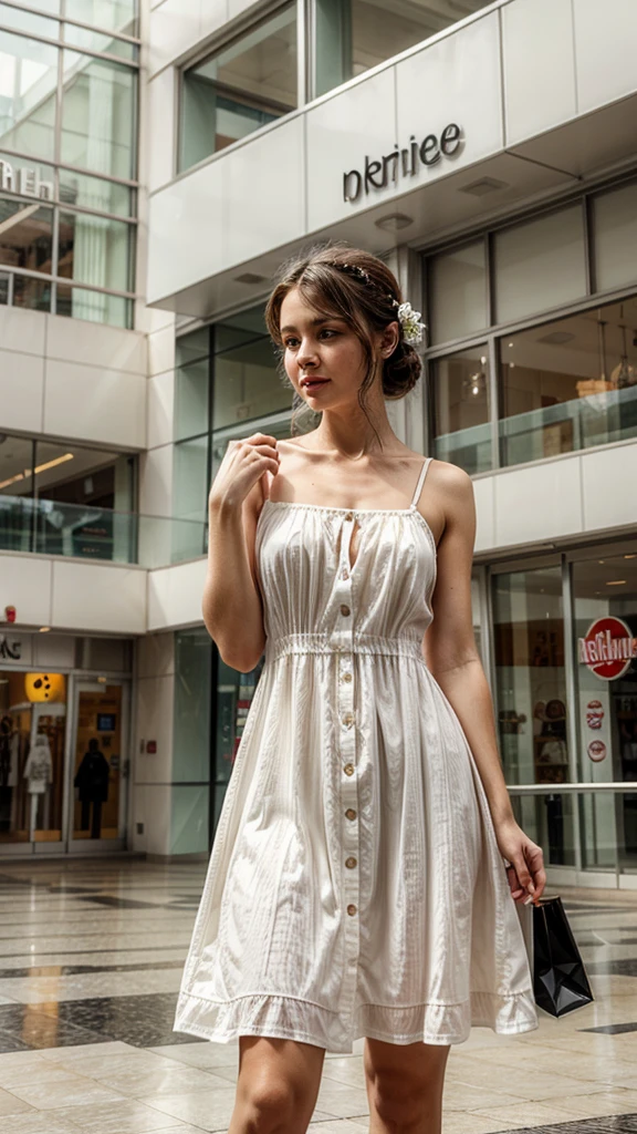 Girl in white vintage dress in shopping center