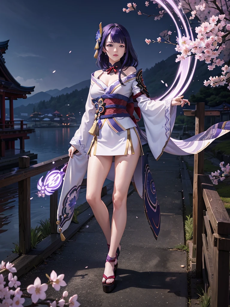 ((Full body image:1.4))Japanese Shrines, (Highest quality,Realistic,masterpiece:1.2,8k wallpaper:1.2),((Pale skin)),One Girl,women only,((raidenshogundef)),Lightning Particles,Purple Lightning,Light background,cherry blossoms,Purple Theme,Delicate facial features,Sexy and beautiful anime girls,General Raiden,Long purple hair,Rosy lips,Anime Mouth,shut up.,(Very sad face),Big breast type,