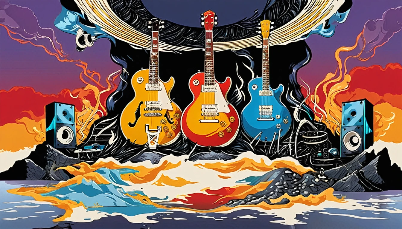 Masterpiece; Guitars (golden Les Paul) and drums in a small science lab, complete with speakers and glass flasks of chemistry, embody the resilience and tenacity of the scientific community, infused with a bold graphic allure that enlivens the spirit of science. The design penetrates layers of depth, integrating the raw essence and vibrant cores of Rio de Janeiro culture. Brushstrokes that incorporate the fluid energy of graffiti on guitars and acoustic guitars weave around dynamic geometric shapes, adorning the laboratories with an evocative masterpiece that speaks to the heart of the intersection between two diverse worlds. Majestically rendered in high definition and vibrant color, every detail bursts with life, inviting viewers to marvel at the beauty that; by Monet