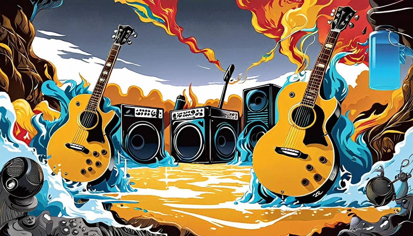 Masterpiece; Guitars (golden Les Paul) and drums in a small science lab, complete with speakers and glass flasks of chemistry, embody the resilience and tenacity of the scientific community, infused with a bold graphic allure that enlivens the spirit of science. The design penetrates layers of depth, integrating the raw essence and vibrant cores of Rio de Janeiro culture. Brushstrokes that incorporate the fluid energy of graffiti on guitars and acoustic guitars weave around dynamic geometric shapes, adorning the laboratories with an evocative masterpiece that speaks to the heart of the intersection between two diverse worlds. Majestically rendered in high definition and vibrant color, every detail bursts with life, inviting viewers to marvel at the beauty that; by Monet