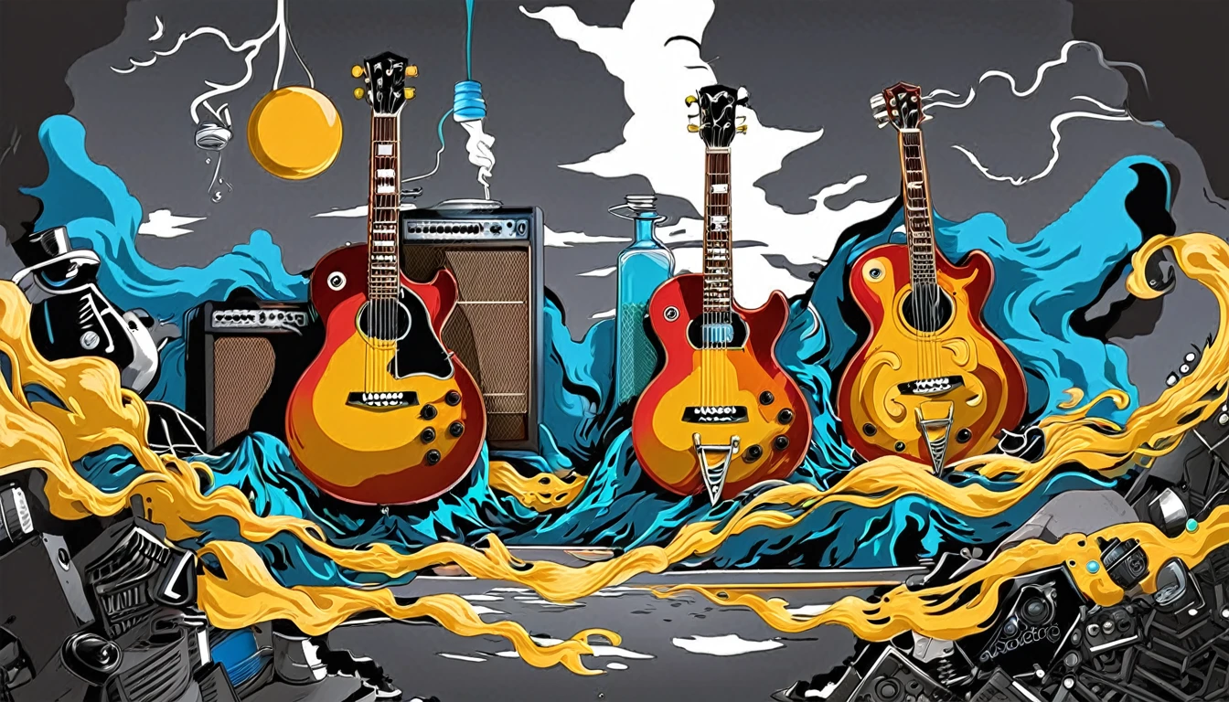 Masterpiece; Guitars (golden Les Paul) and drums in a small science lab, complete with speakers and glass flasks of chemistry, embody the resilience and tenacity of the scientific community, infused with a bold graphic allure that enlivens the spirit of science. The design penetrates layers of depth, integrating the raw essence and vibrant cores of Rio de Janeiro culture. Brushstrokes that incorporate the fluid energy of graffiti on guitars and acoustic guitars weave around dynamic geometric shapes, adorning the laboratories with an evocative masterpiece that speaks to the heart of the intersection between two diverse worlds. Majestically rendered in high definition and vibrant color, every detail bursts with life, inviting viewers to marvel at the beauty that; by Monet