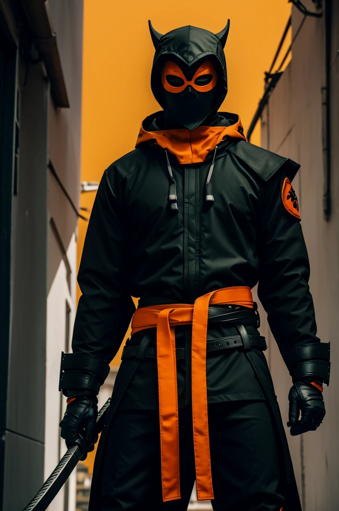 White boots, black pants with 2 waist and leg belts, Black hooded jacket, green lines on the chest with black and orange with a belt, orange arms and black gloves, white mask with big yellow eyes, 2 katanas on the back, and all with a threatening appearance