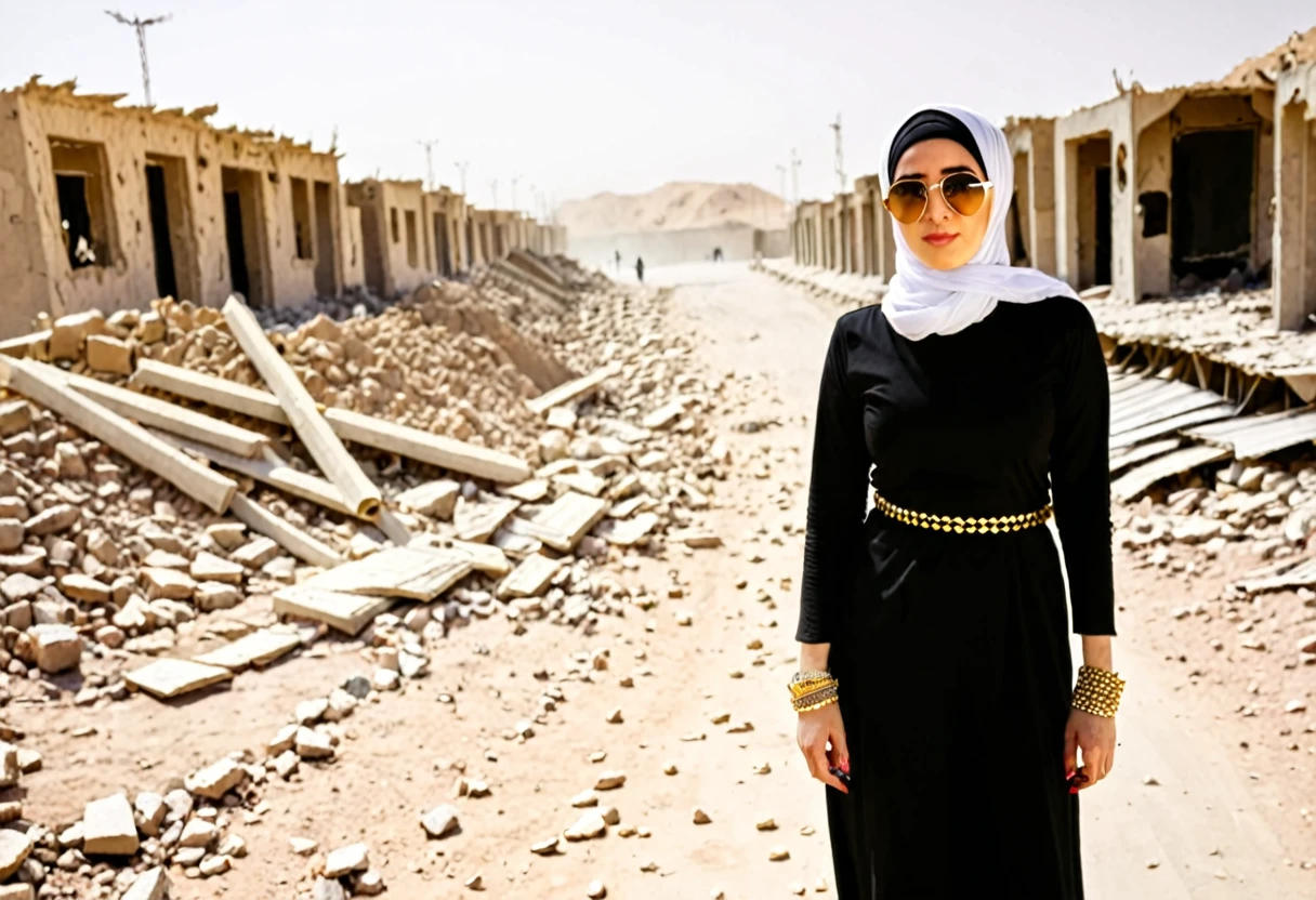 Pale skin Kurdish sunglasses woman in hijab standing in demolished street desert Golden bracelet