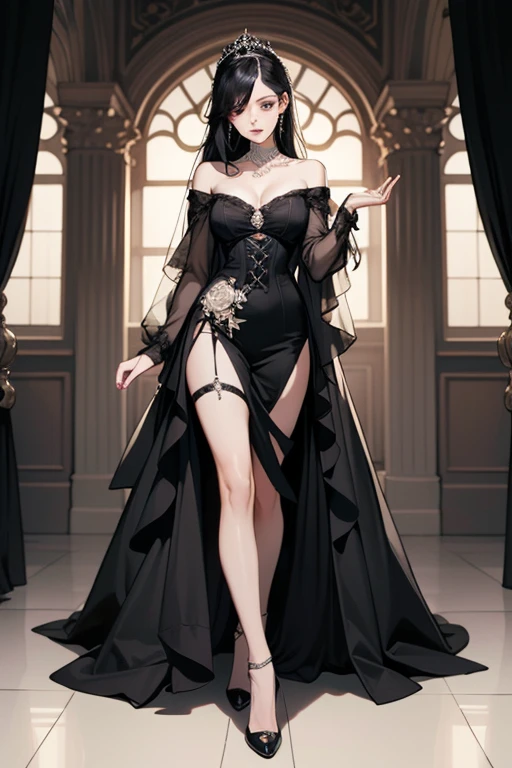 (masterpiece, best quality, ultra-detailed, hires, beautiful and aesthetic:1.3), Black wedding dress, corset top, heavy detailing, high-lo dress, long train, off shoulder, embroidery detailing, beading, goth chic wedding dress, all black dress, full body portrait, legs showing,