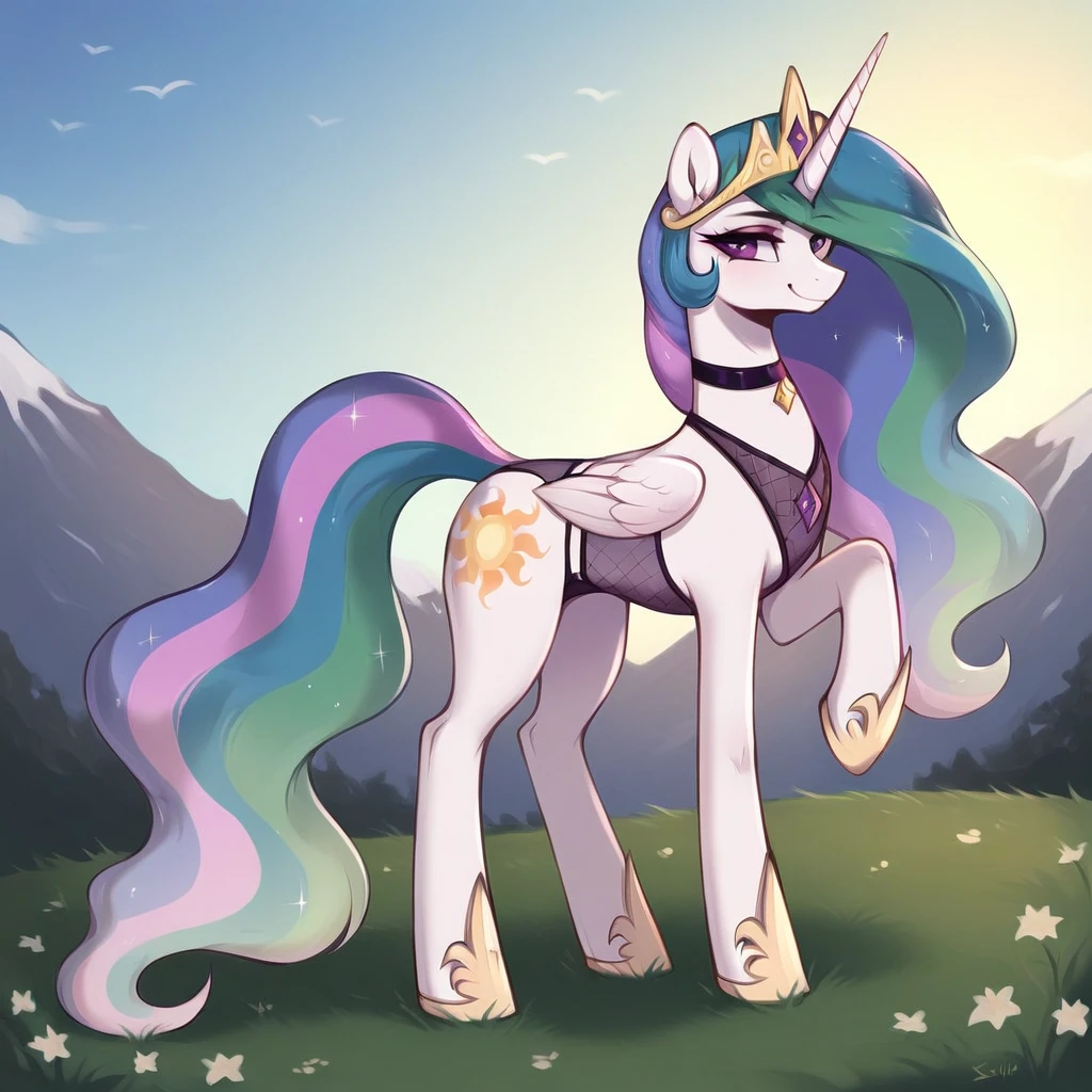 score_9, score_8_up, score_7_up, score_6_up, score_5_up, score_4_up, rating_explicit, outdoors, purple (see through lingerie and neck choker), solo, feral pony, princess  celestia, evil smile, closed mouth,BREAK mountain, day, sky, flower, mountainous horizon, blue sky, grass 