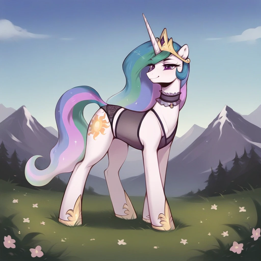 score_9, score_8_up, score_7_up, score_6_up, score_5_up, score_4_up, rating_explicit, outdoors, purple (see through lingerie and neck choker), solo, feral pony, princess celestia, evil smile, closed mouth,BREAK mountain, day, sky, flower, mountainous horizon, blue sky, grass