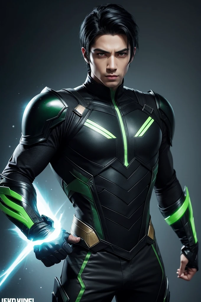 Male character with black hair and green eyes, light skin in Marvel comics style wearing black costume 