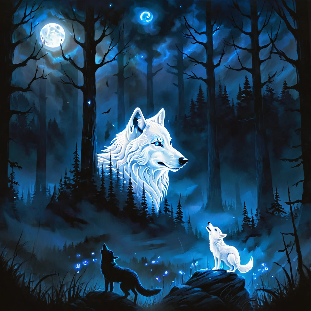 spirit animal, score_9, score_8_consolation, score_7_consolation, score_6_consolation, score_5_consolation, score_4_consolation, ethereal ghost baby wolf, Beloved, cartoon character, glowing blue eyes, glowing snakes, fantasy forest at night time, realistic, very detailed, There are no humans