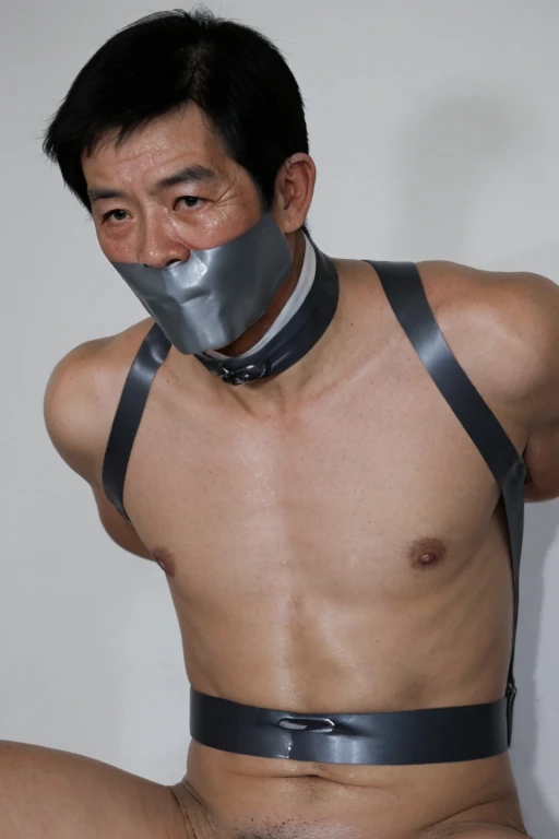 Old asian men, police, tape gag, tightly bound, uniform men, men