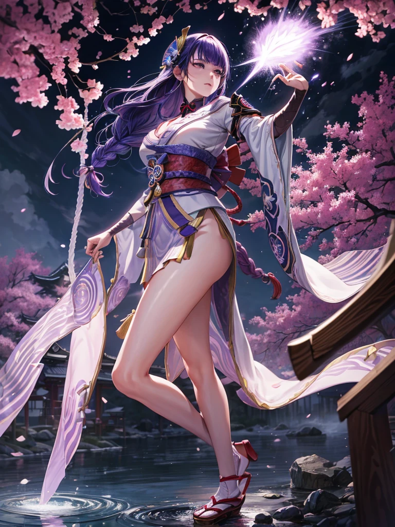 ((Full body image:1.4))Japanese Shrines, (Highest quality，Realistic,masterpiece:1.2，8k wallpaper:1.2)，((Pale skin))，One Girl，women only，((raidenshogundef))，Lightning Particles，Purple Lightning，Light background，cherry blossoms，Purple Theme，Delicate facial features，Sexy and beautiful anime girls，General Raiden，Long purple hair，Rosy lips，Anime Mouth，shut up.，(Very sad face)，Big breast type，
