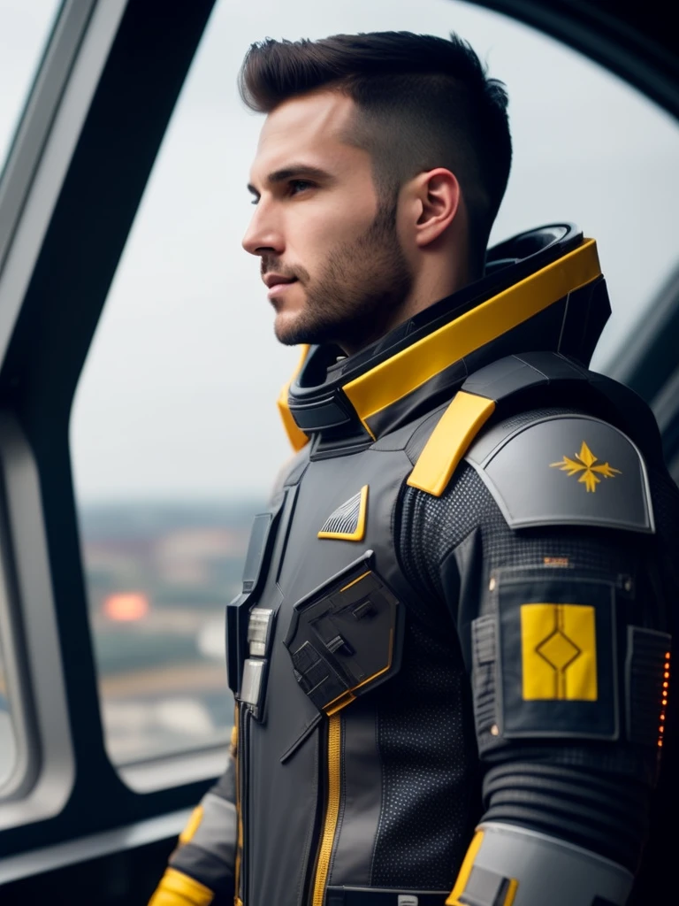 fking_scifi, award-winning photo of a man, black flight suit with yellow accents, brown hair, (gray eyes:1.35), square jawline, asymmetric face, standing in front of a window on a space ship, 80mm, bokeh, mass effect, close up, fking_cinema_v2
