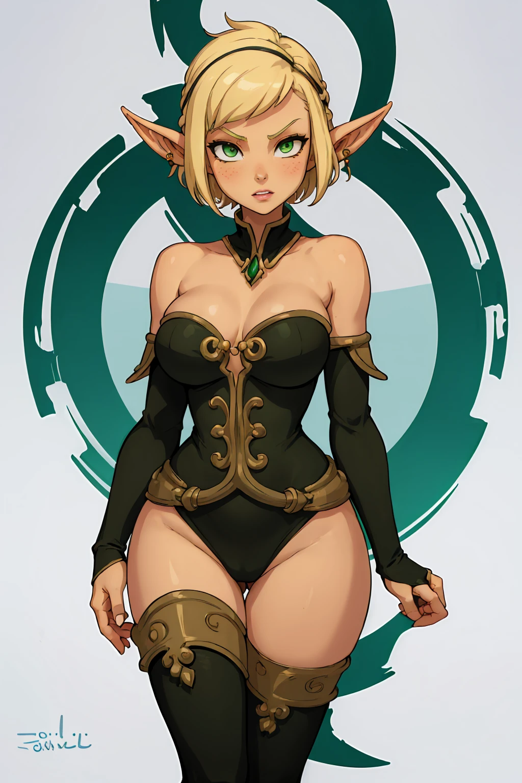 ((ultra quality)), ((masterpiece)), Evangelyne - Wakfu, Wakfu style, ((blonde short hair, evangelina hairstyle)), (Beautiful face), (beautiful female lips), (elven long ears), charming, ((sexy facial expression)), looks at the camera, eyes slightly open, (skin color white), (White skin), glare on the body, ((detailed beautiful female eyes)), ((dark green eyes)), (juicy female lips), (dark eyeliner), (beautiful female hands), ((ideal female figure)), ideal female body, beautiful waist, gorgeous thighs, beautiful large breasts, ((subtle and beautiful)), sexy sits (close up of face), (black clothes Evangelyne - wakfu season 1, clothes from the first season of the animated series, white top) background: the forest, ((depth of field)), ((high quality clear image)), (clear details), ((high detail)), realistically, professional photo session, ((Clear Focus)), anime