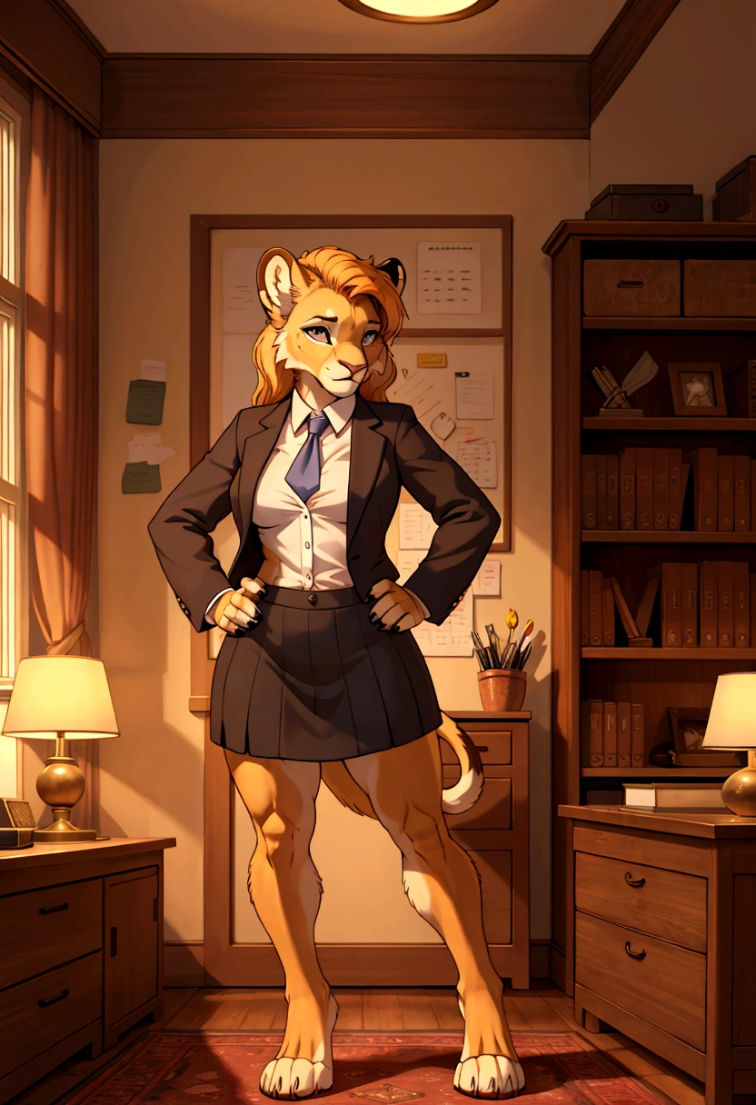 This image showcases the anthropomorphic lioness as she stands near her desk, leaning against it with one arm. She wears a smart and alluring business suit, complete with a knee-length skirt and a fitted blazer. The open jacket reveals a glimpse of her sculpted midriff, enhancing her feminine appeal. With one paw resting on her hip, she appears confident and powerful, radiating an air of authority. The office backdrop is tastefully decorated, with bookshelves filled with files and a stylish lamp illuminating the scene.