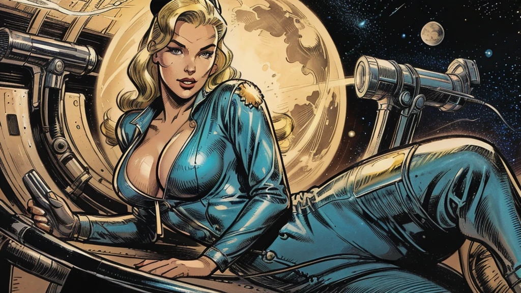 1950s retro comic, scifi, slender hot blonde space girl (realistic proportions), tight jumpsuit, cleavage, she looks at the camera, background: tentacled monster