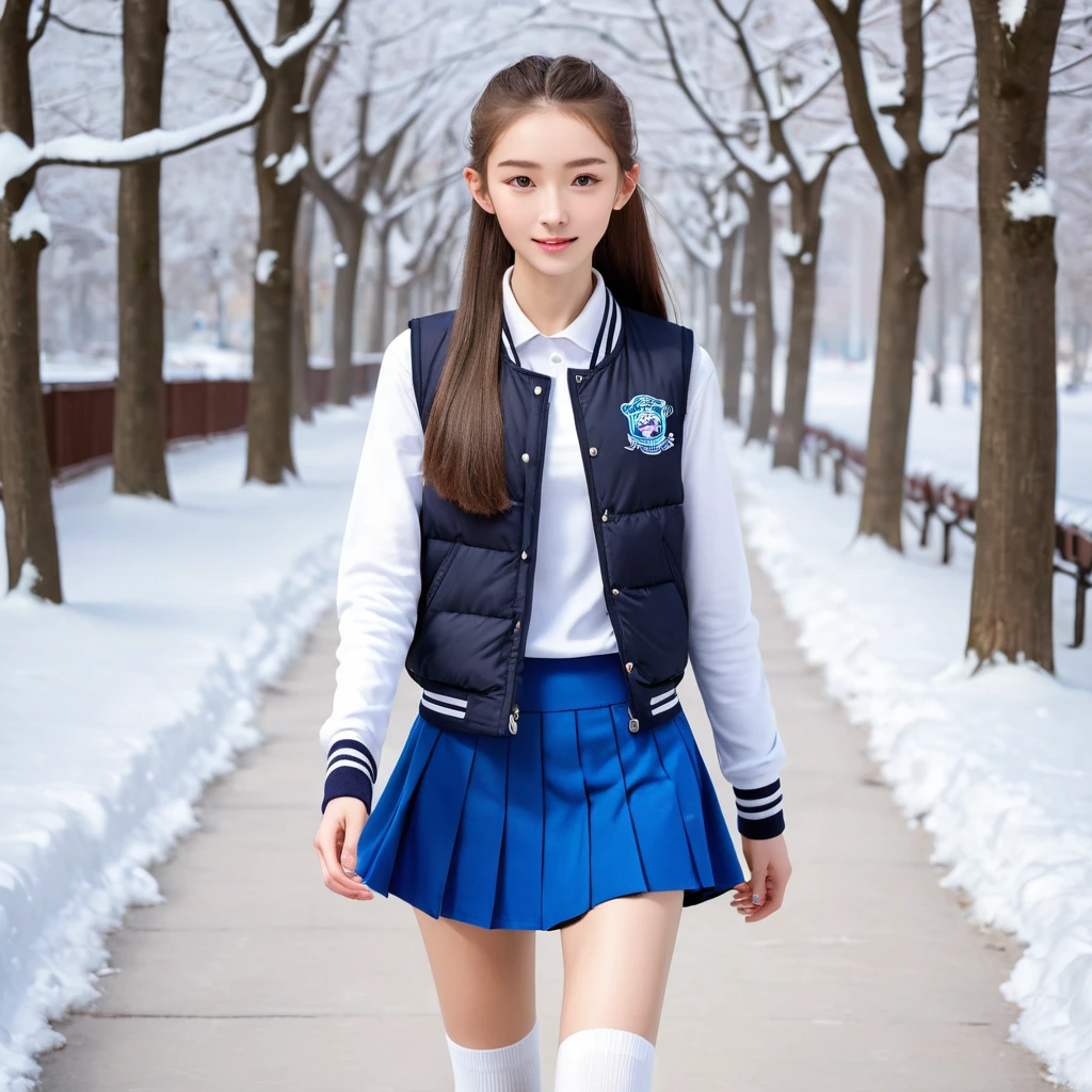 very skinny beautiful girl,16 years old,height 167cm,Weight 39kg,Waist 52 cm,wear uniform,mini skirt,white sports socks,running shoes,To the vest line,My legs are very thin,Your skin is very white,outdoor,snow day