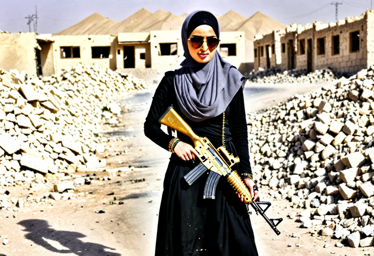 Pale skin Kurdish sunglasses woman in hijab standing in demolished street desert Golden bracelet holding ak 47 rifle