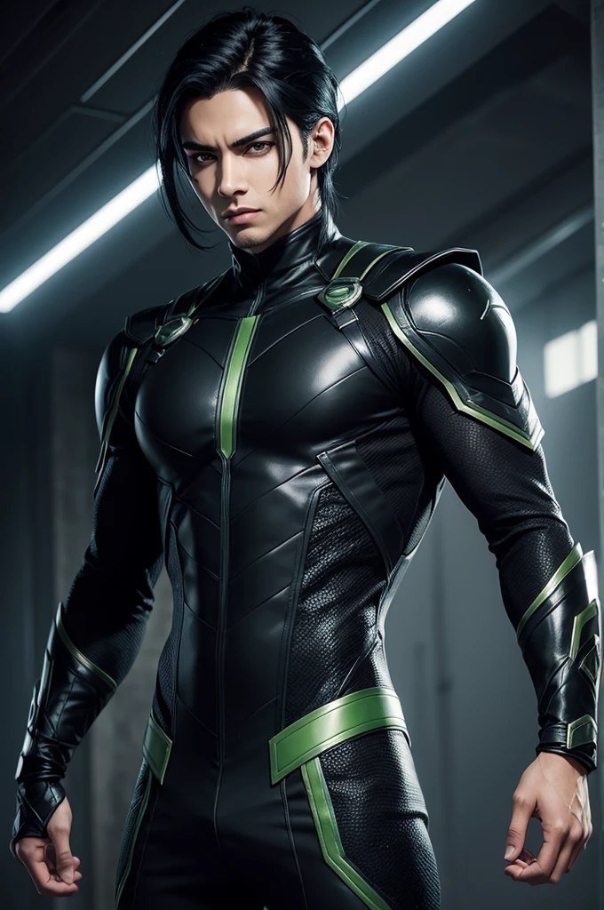 Male character with black hair and green eyes, light skin in Marvel comics style wearing black clothing with thin features.