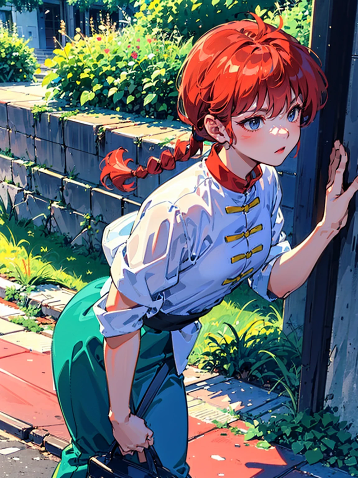 ((masterpiece:1.4)), expensive quality, very_expensive_solve, big_file size, Full Color, Thick outline, Clear contours, colorful, (Beautiful fine details, Are thin:1.4), ((Beautiful Face:1.0)), ((Boyish face:1.4)), 1 girl, (Ranma), (Redhead), short hair, (Braided Ponytail), ((bangs)), bumpy bangs, Blue-gray eyes, Big Breasts, Curvy, Ranma, Braided Ponytail, (Red Chinese Clothing, Short sleeves in red), No sleeve, Tangzhuang, Black trousers, Are standing, ((, Are thin:1.4)), ((from the front:1.4)), Are thin:1.4