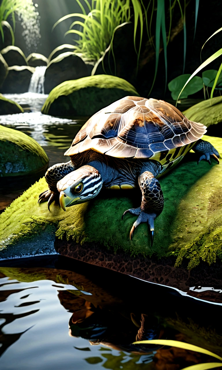 Panorama,There is a creature at the bottom of the river,The head of the eagle,The body of a turtle and the tail of a snake,Mysterious Creatures, shrike, (best quality,4K,8K,High level,masterpiece:1.2),Ultra Detailed,(lifelike,Photo real,Photo real:1.37),Highly detailed animals,Complex patterns,Realistic lighting,Fantasy Creatures