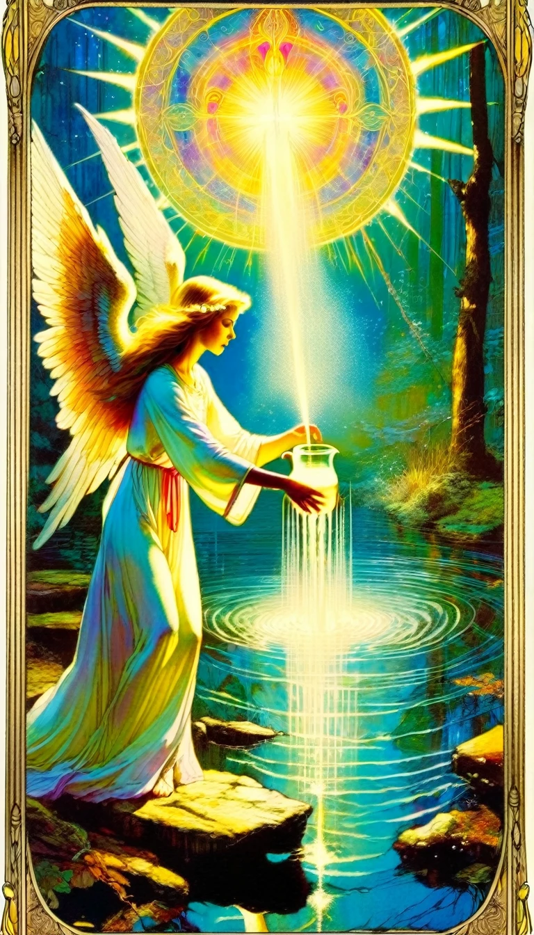((tarot card)) TEMPERANCE ((card frame)), angelic woman passing water from one jug to another, work by Bill Sienkiewicz, vivid colors, intricate details, oil.