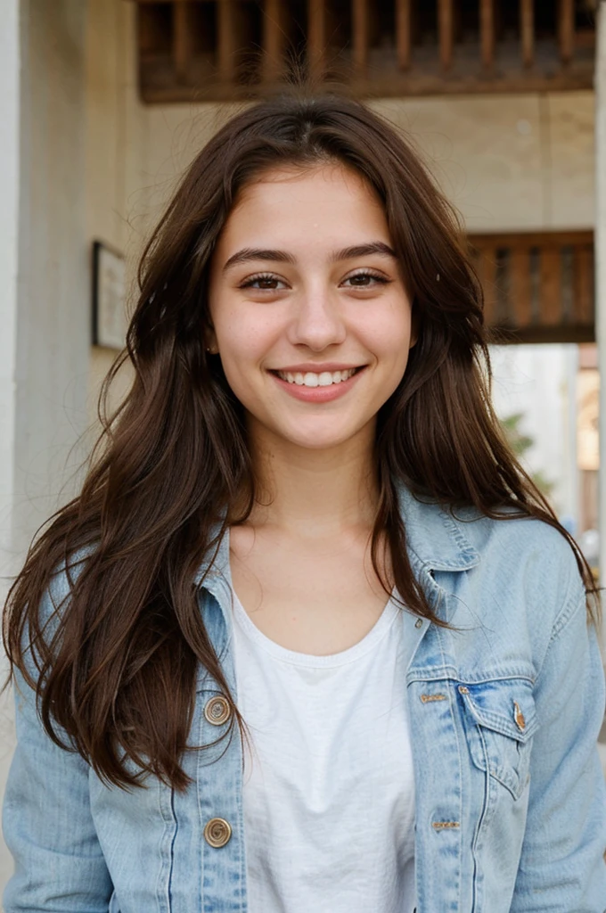 one cute women, 20YO, white, Arab, cute face, realistic brown eyes, blue jacket, brown hair, cute smile, skinny face, white realistic teethes, big eyes, long hair