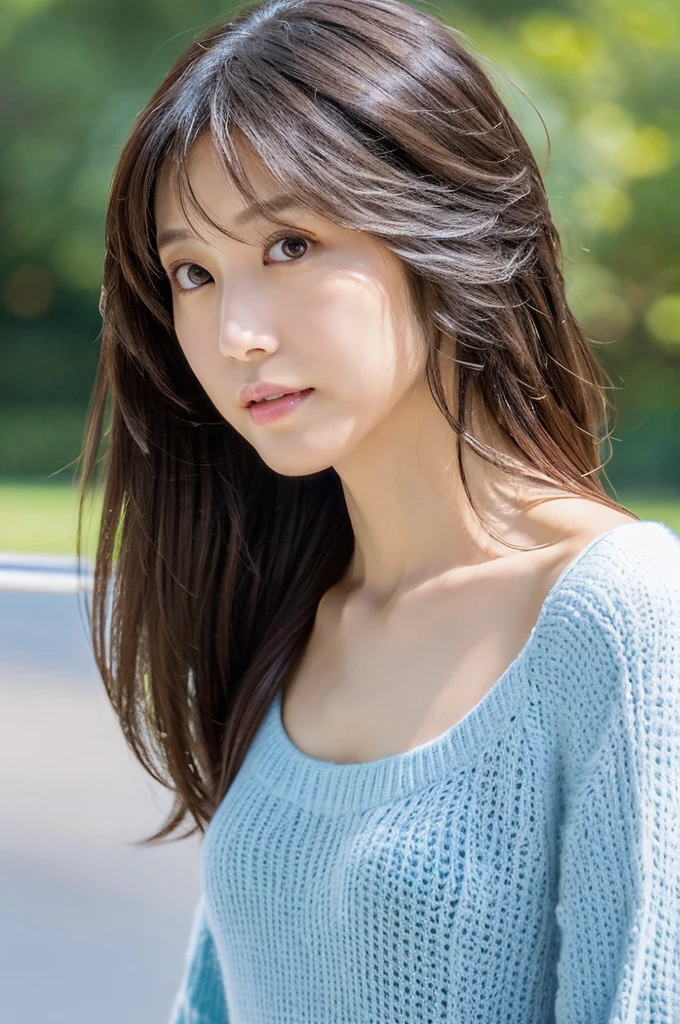 (High reality photograph, high resolusion, detailed face, detailed eyes, various angle) Japanese lady, 40 years old, cute face, skinny figure, very skinny waist, various hair style, tight knit with emphasizing her body line, standing in a various place, full-body photo