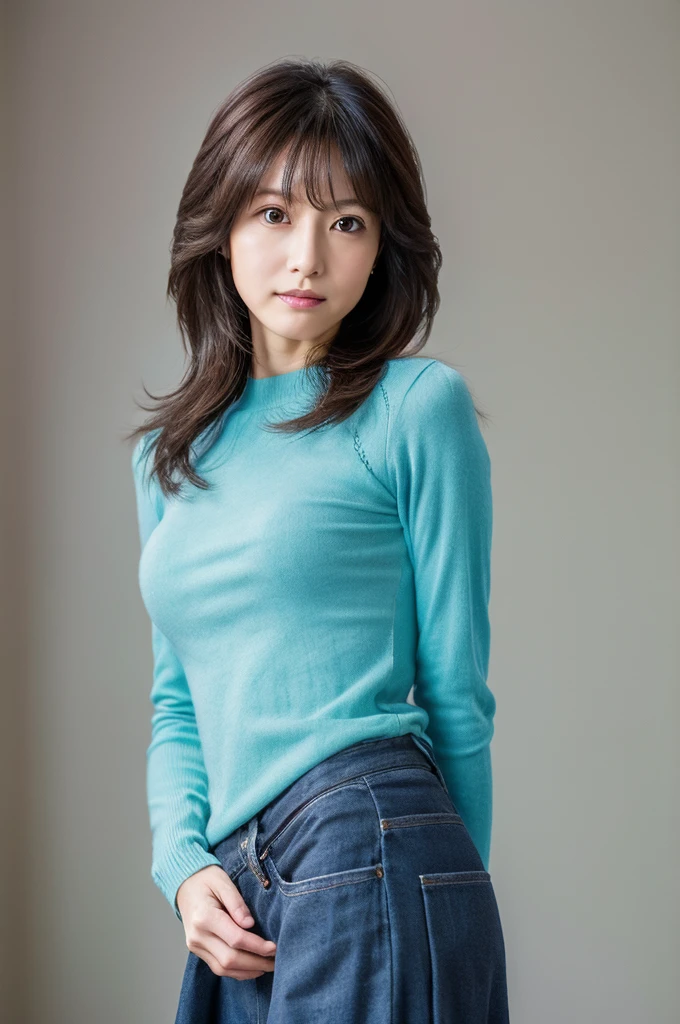 (High reality photograph, high resolusion, detailed face, detailed eyes, various angle) Japanese lady, 40 years old, cute face, skinny figure, very skinny waist, various hair style, tight knit with emphasizing her body line, standing in a various place, full-body photo