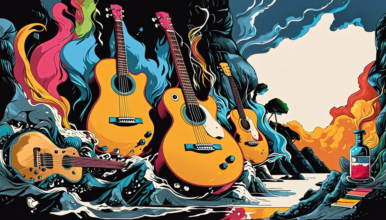 Masterpiece; Guitars and drums in a small science lab, complete with speakers and glass flasks of chemistry, embody the resilience and tenacity of the scientific community, infused with a bold graphic allure that enlivens the spirit of science. The design penetrates layers of depth, integrating the raw essence and vibrant cores of Rio de Janeiro culture. Brushstrokes that incorporate the fluid energy of graffiti on guitars and acoustic guitars weave around dynamic geometric shapes, adorning the laboratories with an evocative masterpiece that speaks to the heart of the intersection between two diverse worlds. Majestically rendered in high definition and vibrant color, every detail bursts with life, inviting viewers to marvel at the beauty that; by Monet