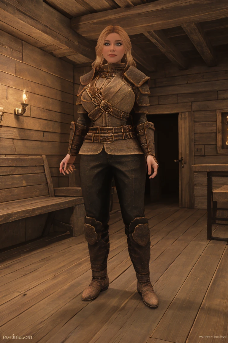 A sensual blonde female Breton warrior, her piercing green eyes locking onto yours, her full lips curved into a flirtatious smile. She leans against the wooden beam of a rustic tavern, her leather armor accentuating her curves. The warm glow of candlelight casts a golden hue on her face, as she raises an eyebrow and whispers a tantalizing phrase in your ear, full body height, female breton