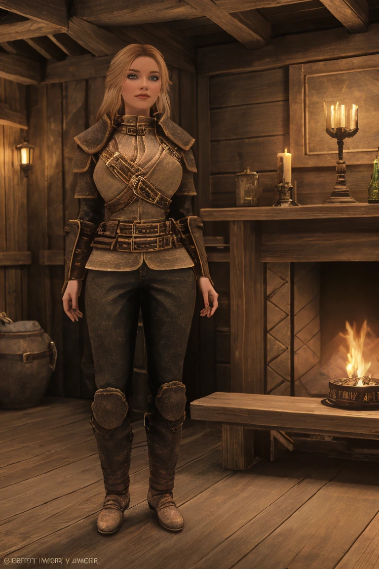 A sensual blonde female Breton warrior, her piercing green eyes locking onto yours, her full lips curved into a flirtatious smile. She leans against the wooden beam of a rustic tavern, her leather armor accentuating her curves. The warm glow of candlelight casts a golden hue on her face, as she raises an eyebrow and whispers a tantalizing phrase in your ear, full body height, female breton
