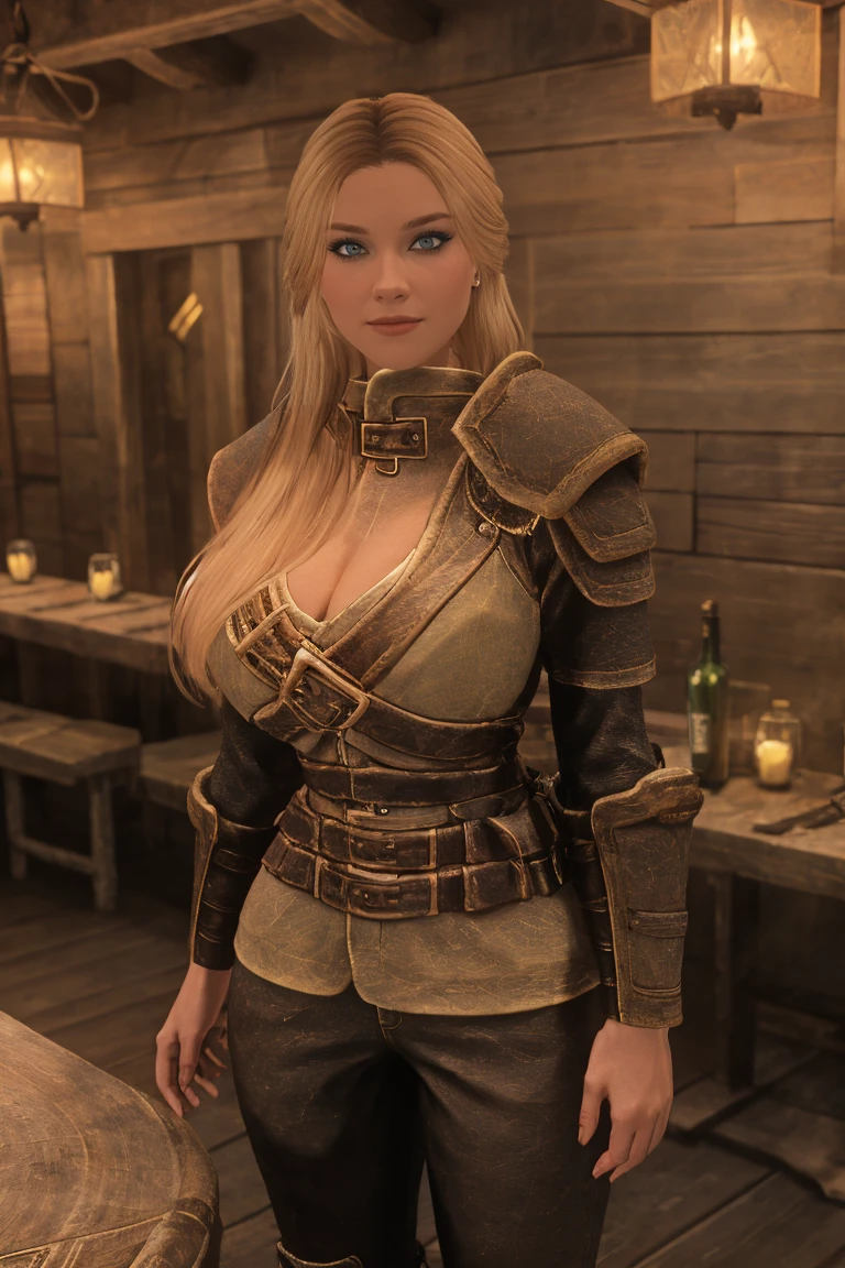 A sensual blonde female Breton warrior, her piercing green eyes locking onto yours, her full lips curved into a flirtatious smile. She leans against the wooden beam of a rustic tavern, her leather armor accentuating her curves. The warm glow of candlelight casts a golden hue on her face, as she raises an eyebrow and whispers a tantalizing phrase in your ear, full body height, female breton