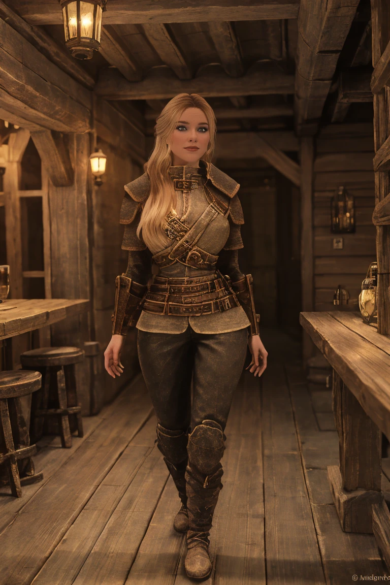 A sensual blonde female Breton warrior, her piercing green eyes locking onto yours, her full lips curved into a flirtatious smile. She leans against the wooden beam of a rustic tavern, her leather armor accentuating her curves. The warm glow of candlelight casts a golden hue on her face, as she raises an eyebrow and whispers a tantalizing phrase in your ear, full body height, female breton