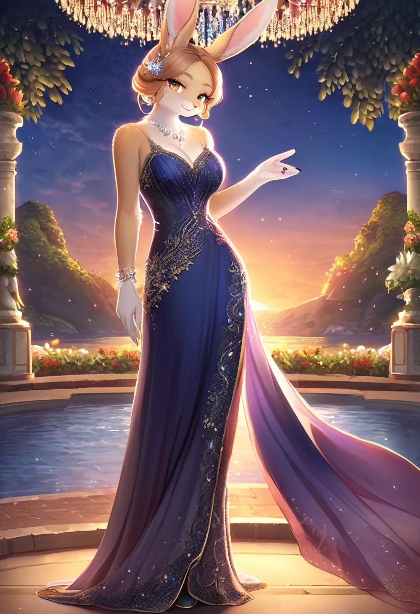 ((Masterpiece)), ((Best Quality)), (Very Detailed), ((Very Detailed)), 4K, (8K), very aesthetic, absurdres highres, 1 female, anthropomorphic rabbit, furry, kemono, solo, A woman in a deep navy blue silk evening dress stands gracefully and smiles at an outdoor party at sunset. Soft moonlight and sparkling chandelier light illuminated the dress's delicate lace trim and Swarovski crystal embellishments. The woman's hair is tied up in an updo, and diamond earrings sparkle in her ears.