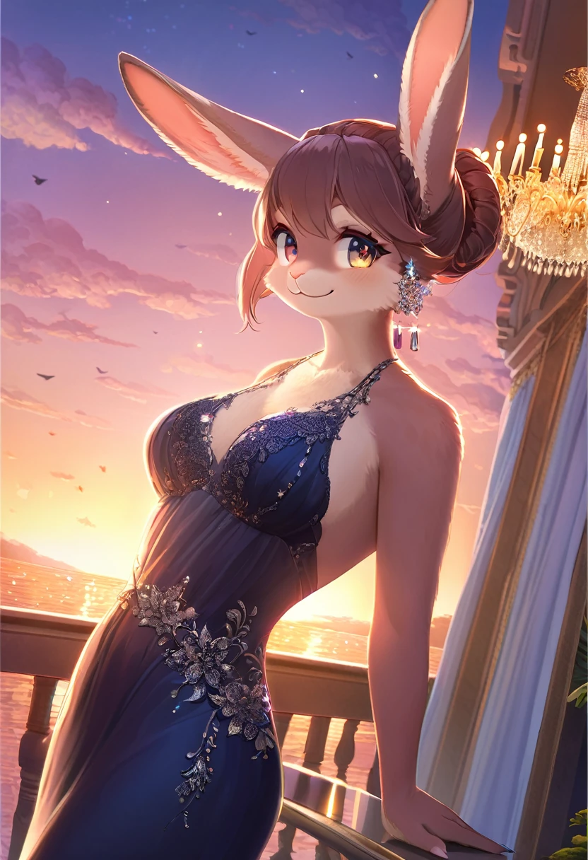 ((Masterpiece)), ((Best Quality)), (Very Detailed), ((Very Detailed)), 4K, (8K), very aesthetic, absurdres highres, 1 female, anthropomorphic rabbit, furry, kemono, solo, A woman in a deep navy blue silk evening dress stands gracefully and smiles at an outdoor party at sunset. Soft moonlight and sparkling chandelier light illuminated the dress's delicate lace trim and Swarovski crystal embellishments. The woman's hair is tied up in an updo, and diamond earrings sparkle in her ears.