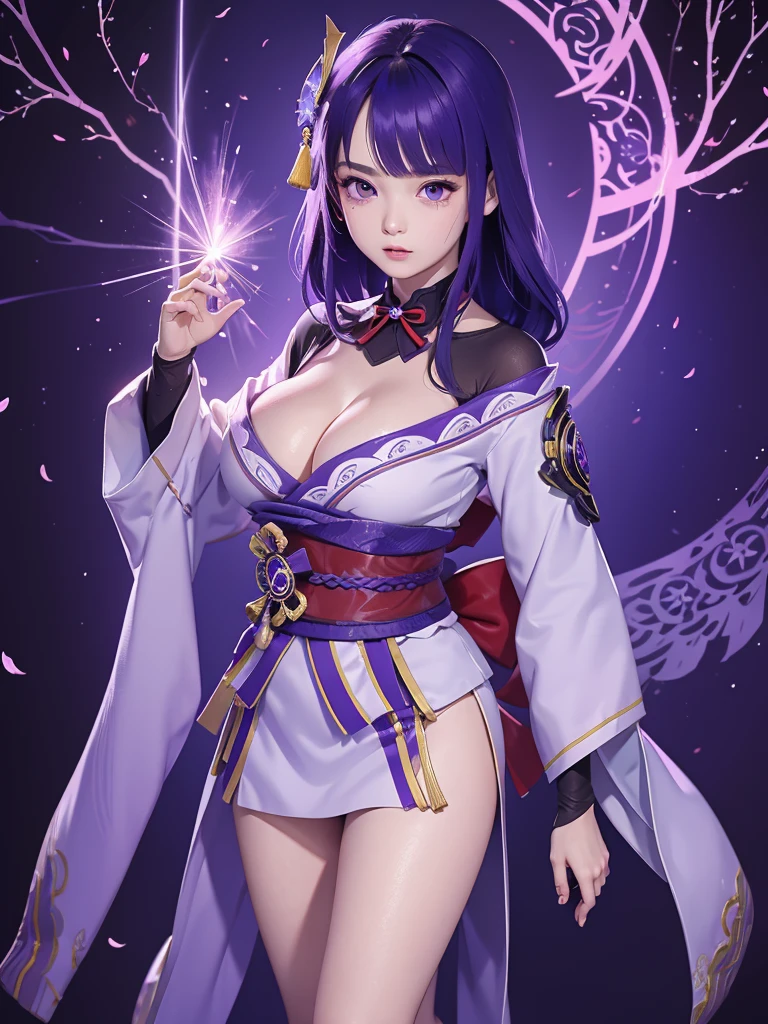 ((Full body image:1.4))Japanese Shrines, (Highest quality,Realistic,masterpiece:1.2,8k wallpaper:1.2),((Pale skin)),One Girl,women only,((raidenshogundef)),Lightning Particles,Purple Lightning,Light background,cherry blossoms,Purple Theme,Delicate facial features,y and beautiful anime girls,General Raiden,Long purple hair,Rosy lips,Anime Mouth,shut up.,(Very sad face),Big brepe,