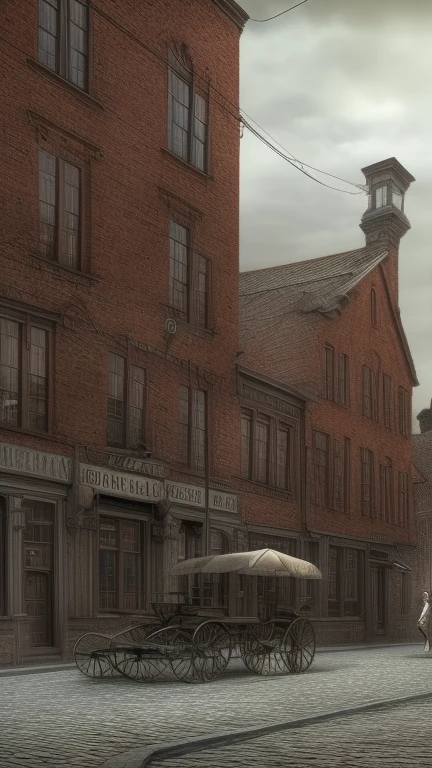 a provincial town in the 19th century, crossroads street, a bar, a hotel, (best quality,4k,8k,highres,masterpiece:1.2),ultra-detailed,(realistic,photorealistic,photo-realistic:1.37),detailed architecture, cobblestone streets, brick buildings, wood buildings, ornate facades, steam locomobiles