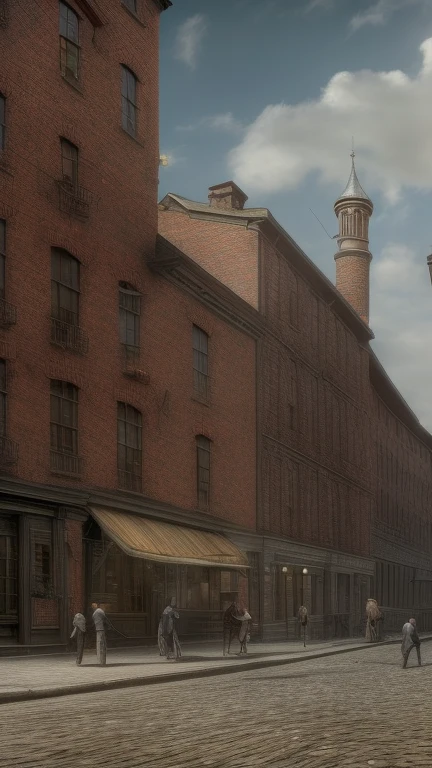 a provincial town in the 19th century, crossroads street,  a bar, a hotel, (best quality,4k,8k,highres,masterpiece:1.2),ultra-detailed,(realistic,photorealistic,photo-realistic:1.37),detailed architecture, cobblestone streets, brick buildings,  wood buildings, ornate facades, steam locomobiles