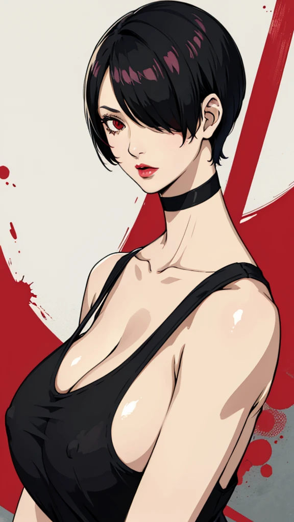 1 girl, milf, Red eyes, very Short hair, hair over one eye, black choker, lipstick, sad, black hair, tomboy Pixie haircut, tomboy Pixie haircut, tank top, huge breast, portrait 