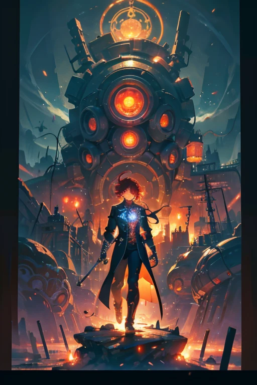 Niji mode. Full body, vampire elf wizard, secret agent, wearing a thin and elegant suit with glowing magic circuits, holding a long sword with glowing magic carvings and long handle, technological boot with glowing magic circuits, ruby eyes, dark red hair, orange skin , bright red tattoos, ruby piercings, looking at the viewer, detailed face. Atompunk, android, cyborg, mechanical parts with magic stones, magic glowing eyes, advanced technology mixed with magic, magic circuits, gears made of magic materials, developed by Technological Magic. Walking in the middle of a magical atompunk metropolis mixing technology and vegetation, particle effects, wide and deep scenery, with multiple planes of depth, cinematic and dynamic scene with a sense of movement, view of magical bright lights reflecting the scene, stylish pose, aura lights, glowing technological cables, epic atmosphere, magic tools, old anime style, Studio ghibli, metal hurlant, artbook, RPG fantasy.